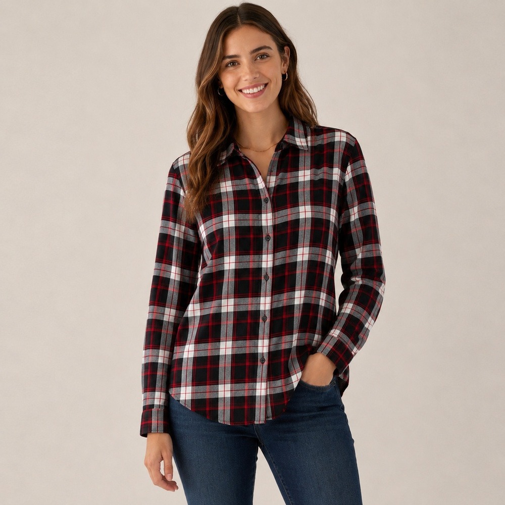Lauren Ralph Lauren Womens Red Black White Plaid Cotton Button Front Shirt L